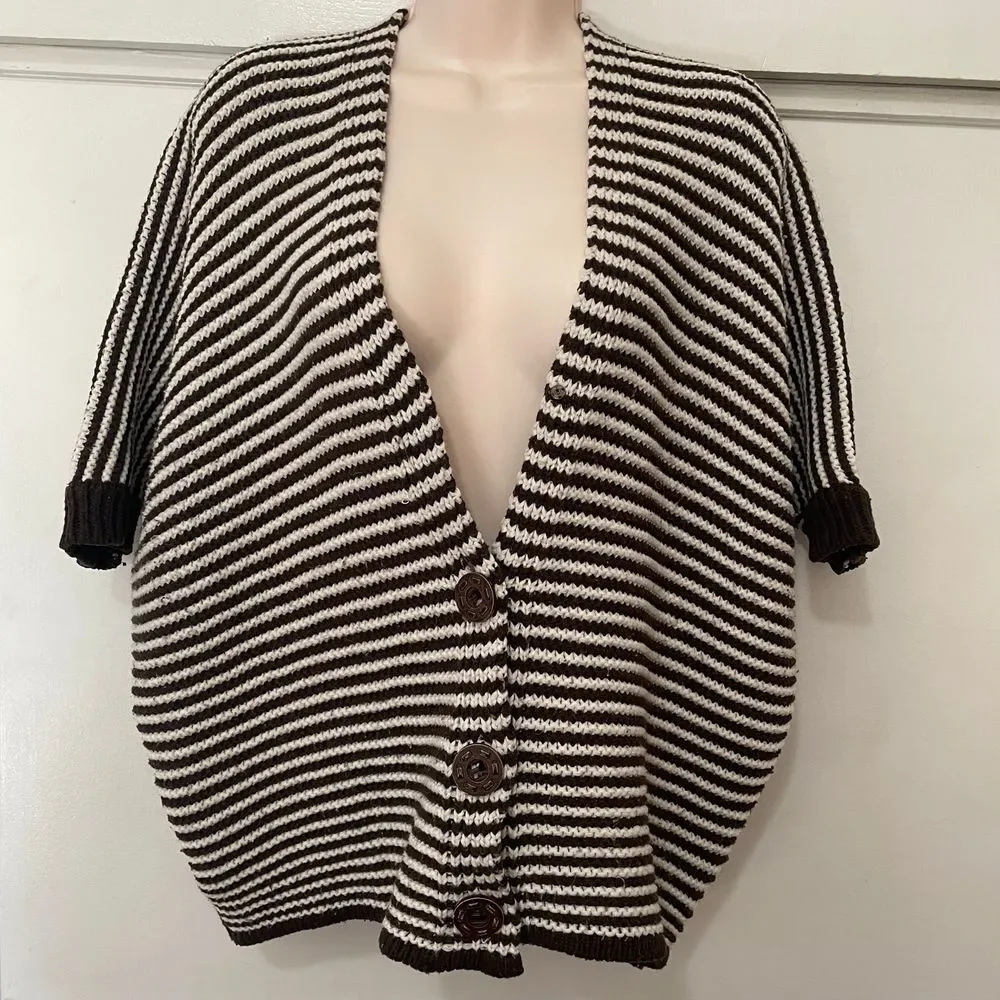 Mingnuo women's large chunky striped cropped brown beige button cardigan sweater